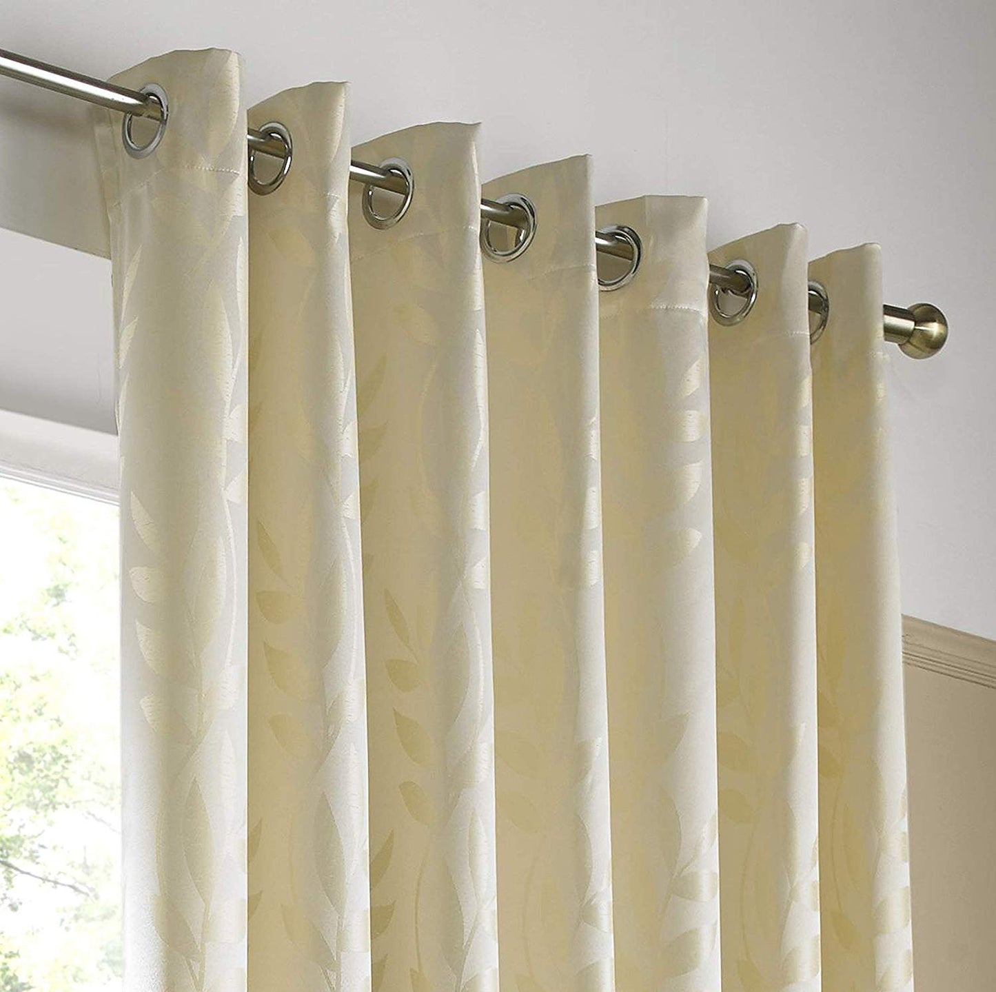Woven Jacquard Leaf Design Eyelet Curtains in Cream
