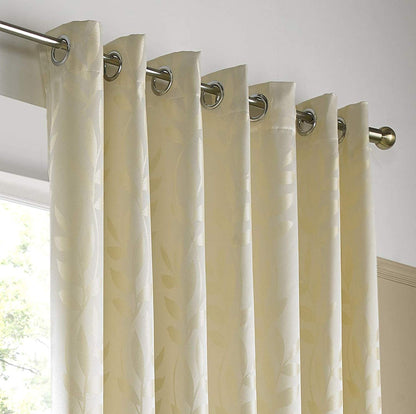 Woven Jacquard Leaf Design Eyelet Curtains in Cream