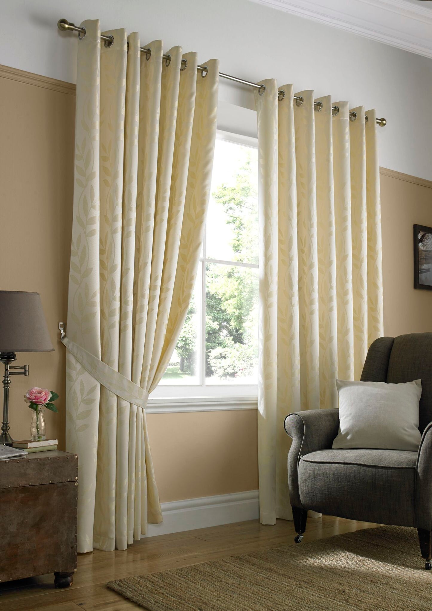 Woven Jacquard Leaf Design Eyelet Curtains in Cream