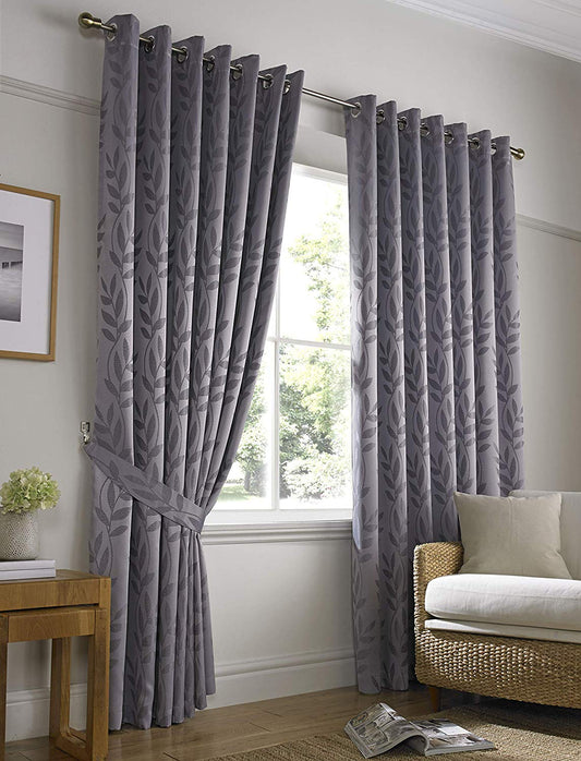 Woven Jacquard Leaf Design Eyelet Curtains in Silver Grey