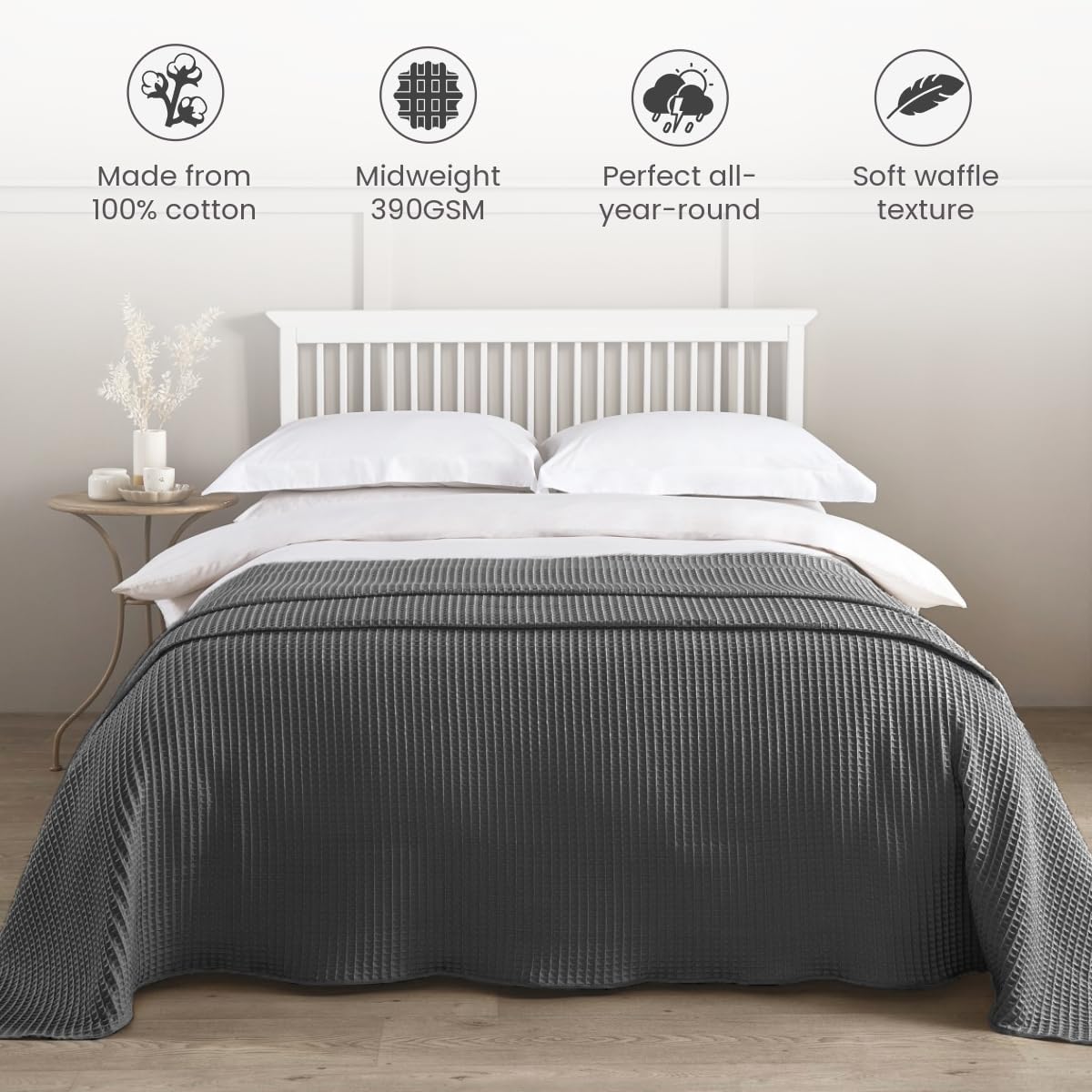 100% Cotton Hotel Waffle Weave Throw Charcoal Grey
