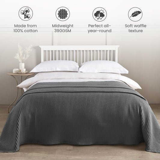 100% Cotton Hotel Waffle Weave Throw Charcoal Grey