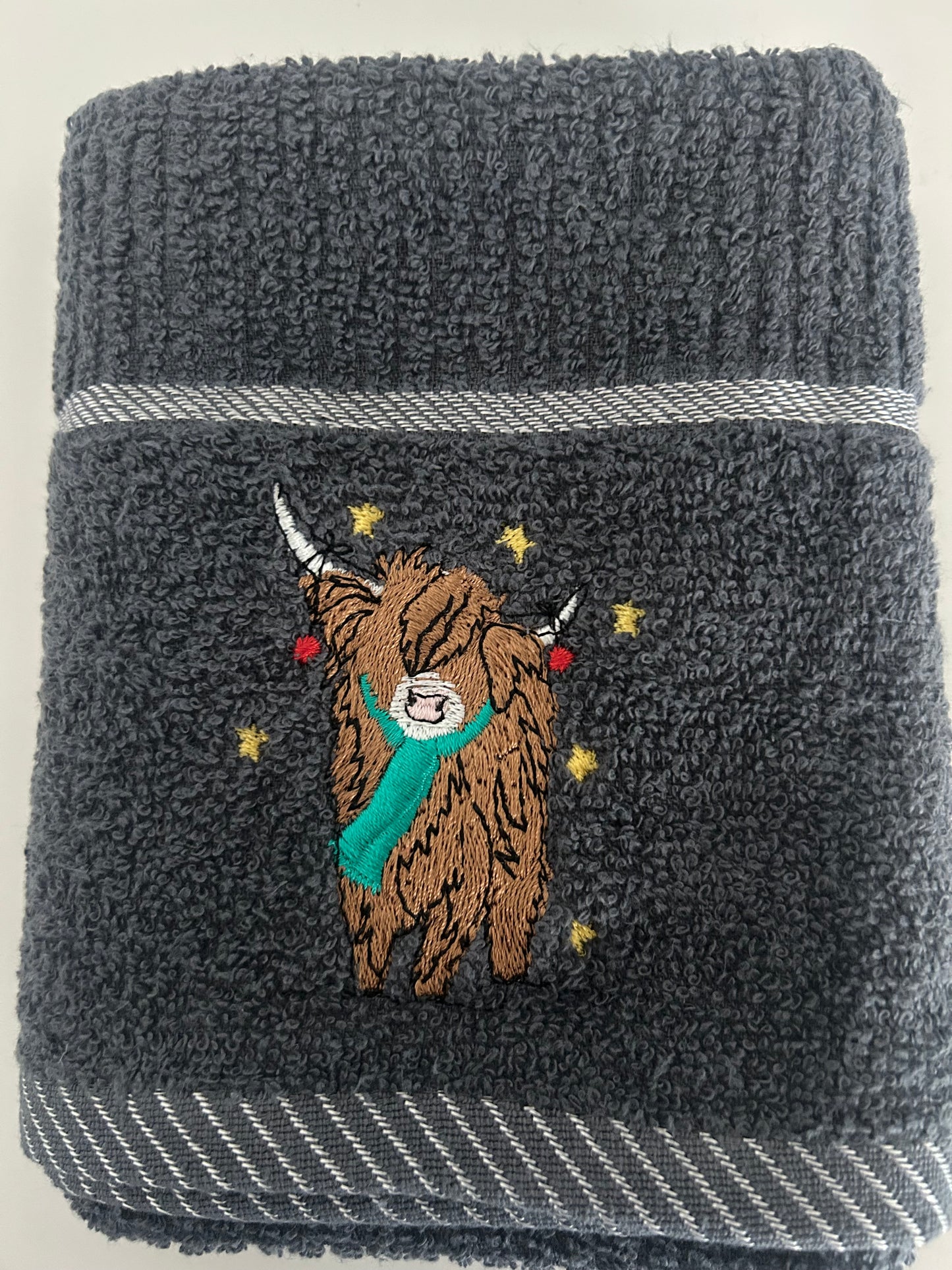 Christmas Angus Highland Cow Kitchen Towel in Grey
