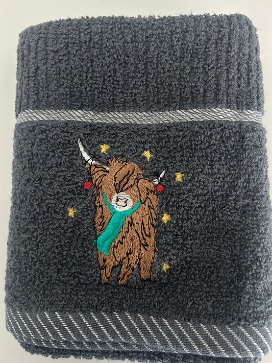 Christmas Angus Highland Cow Kitchen Towel in Grey