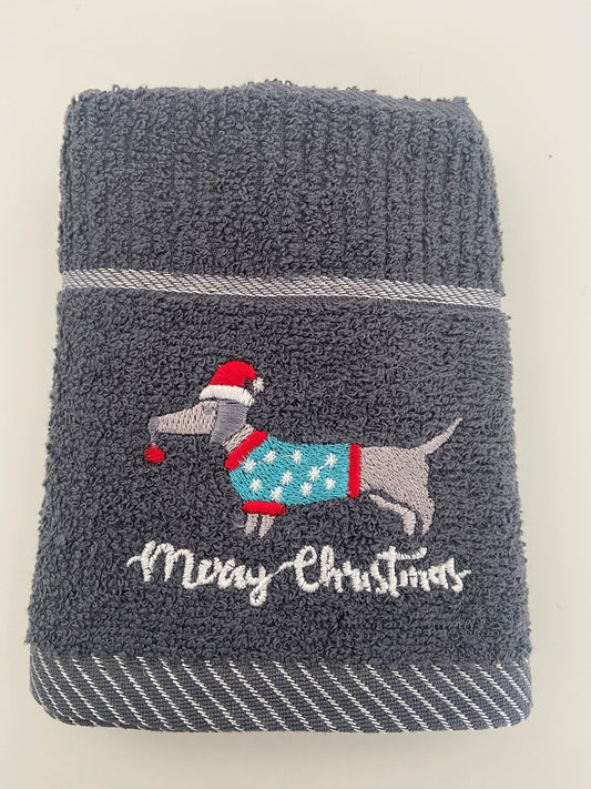 Christmas Dachshunds Kitchen Towel in Grey
