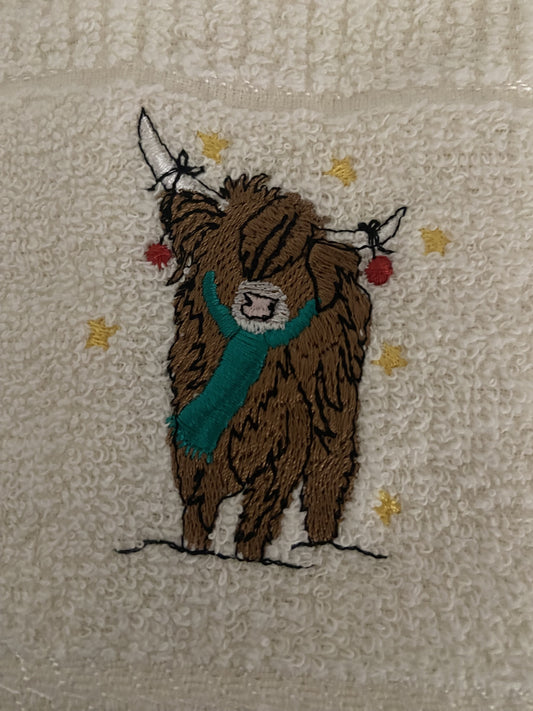 Christmas Angus Highland Cow Kitchen Towel in Cream