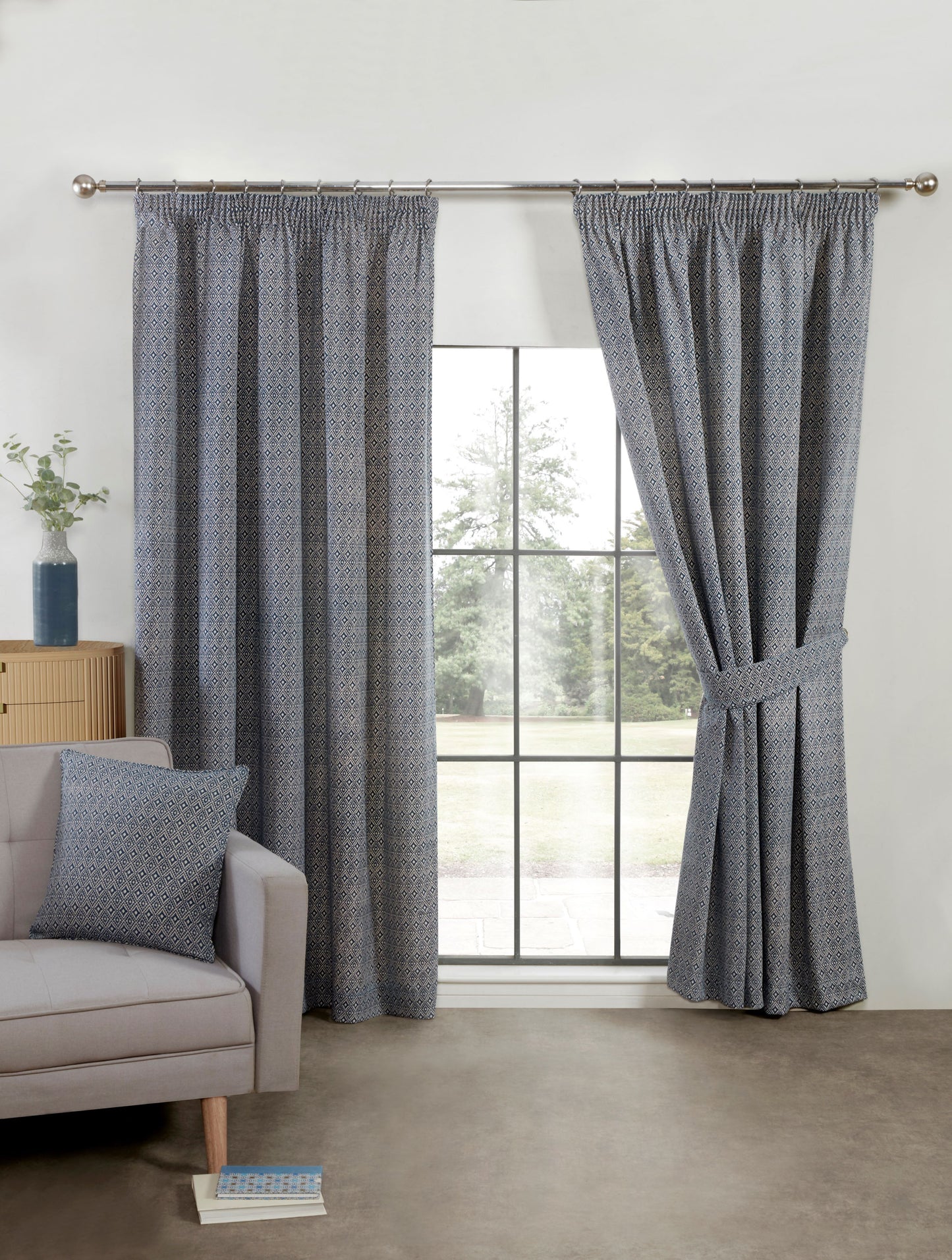 Aztec Geometric Design Pair Curtains Navy Blue