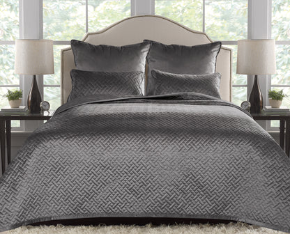 French Velvet Stitched Design Bedspread Charcoal Grey