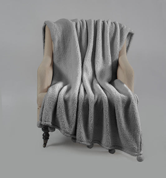 Soft Sherpa Pom Pom Throw in Silver Grey