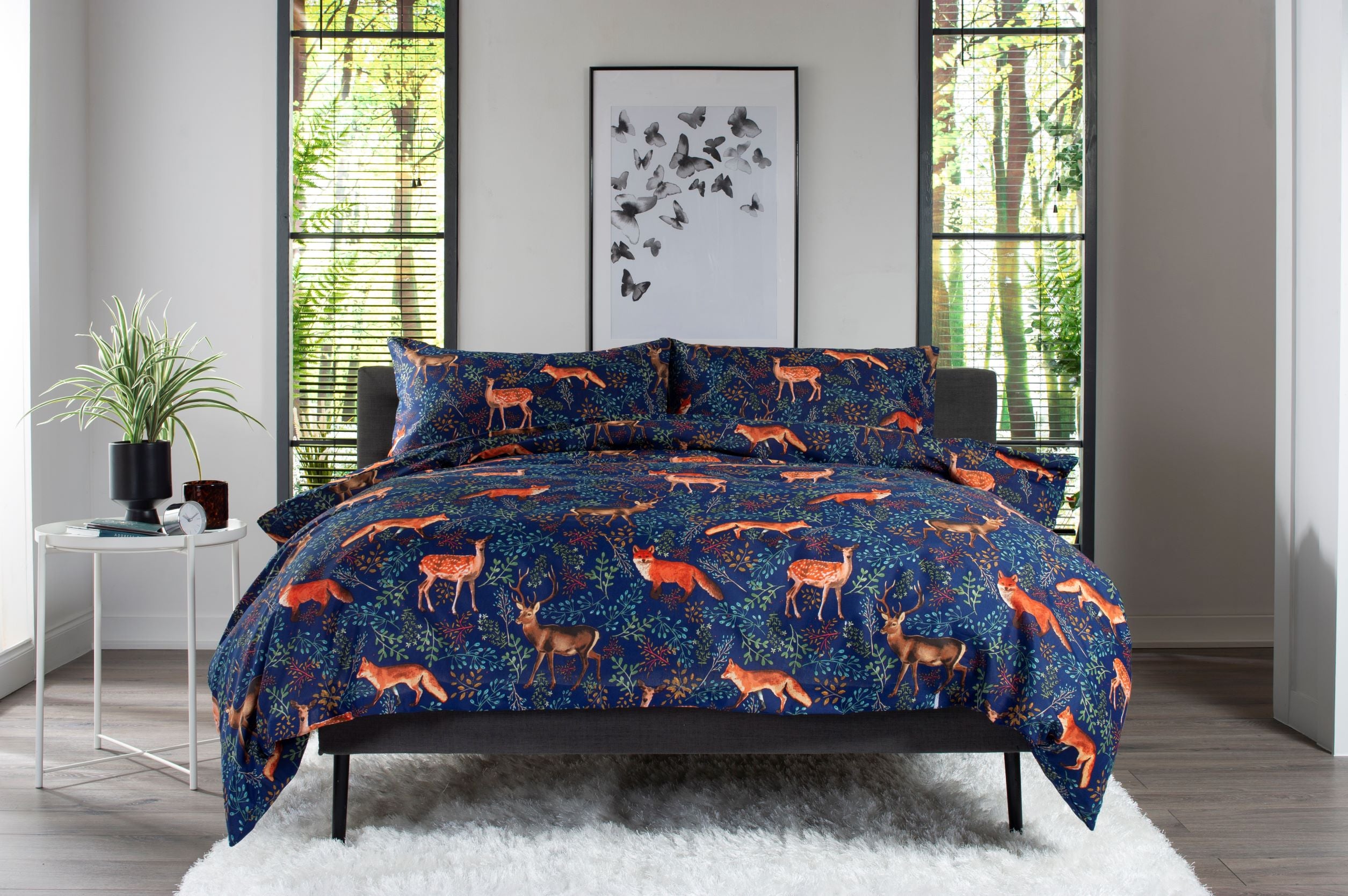 deyongs, fox and deer bedding, navy blue bed linen, fox and deer jungle ...