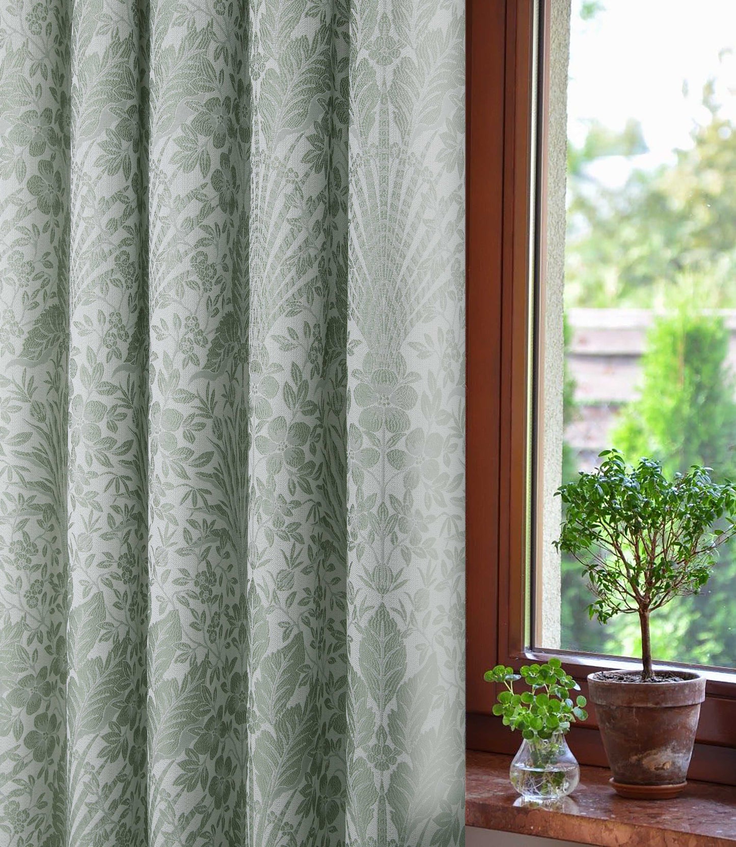 Floral Jacquard Pair Curtains In Natural Sage Green