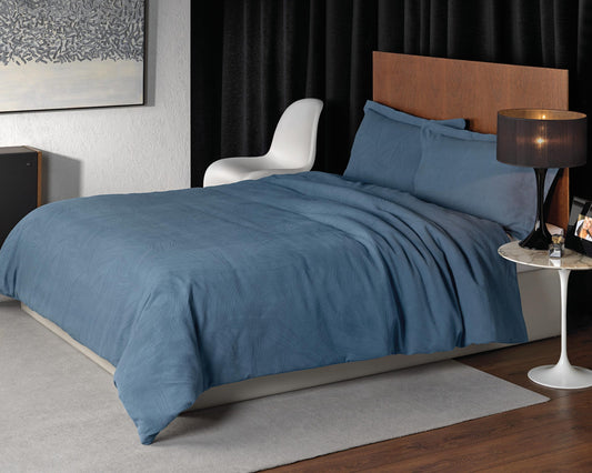 100% Cotton Jacquard Linen Leaf Design Duvet Covet Set in Denim