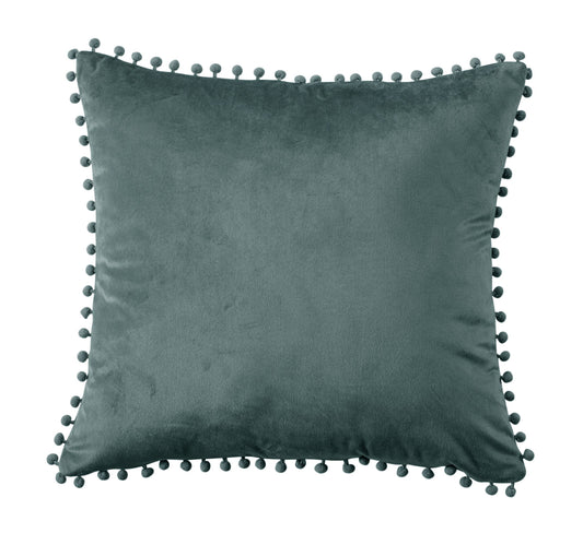 Soft Pom Pom French Velvet Cushion in Teal
