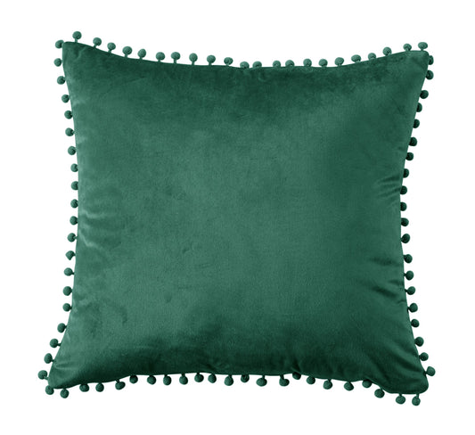 Soft Pom Pom French Velvet Cushion in Emerald Green