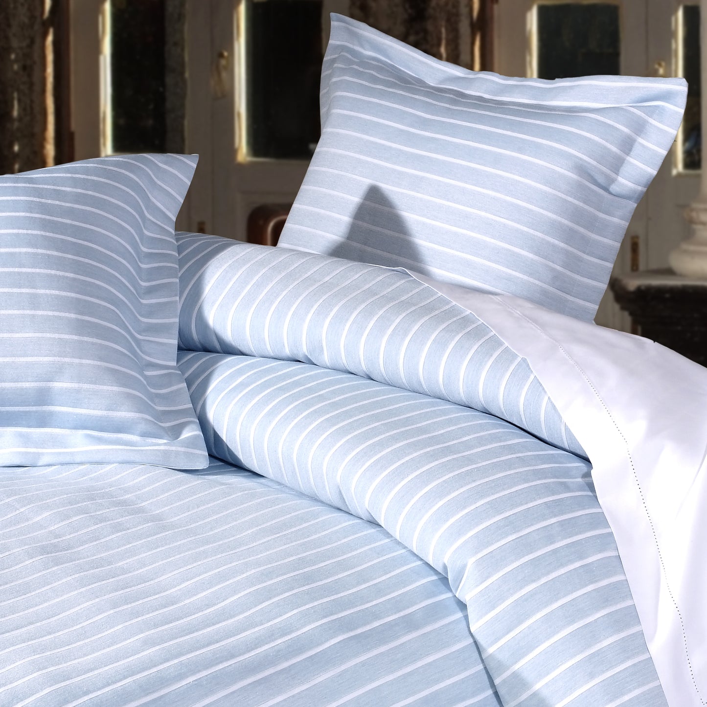 100% Cotton Stripe Design Duvet Cover in Sky Blue & White