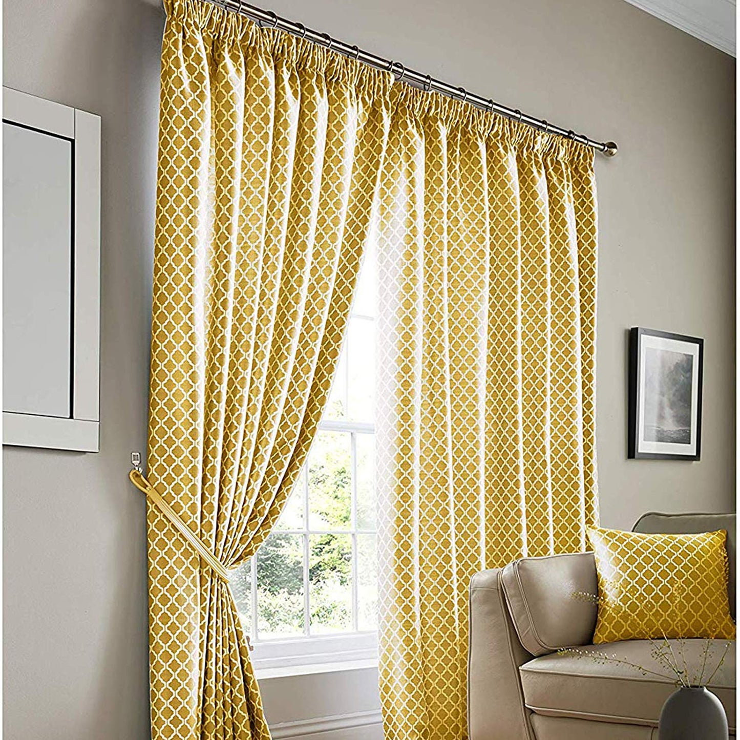 Ochre Yellow Jacquard Pencil Pleat Curtains
