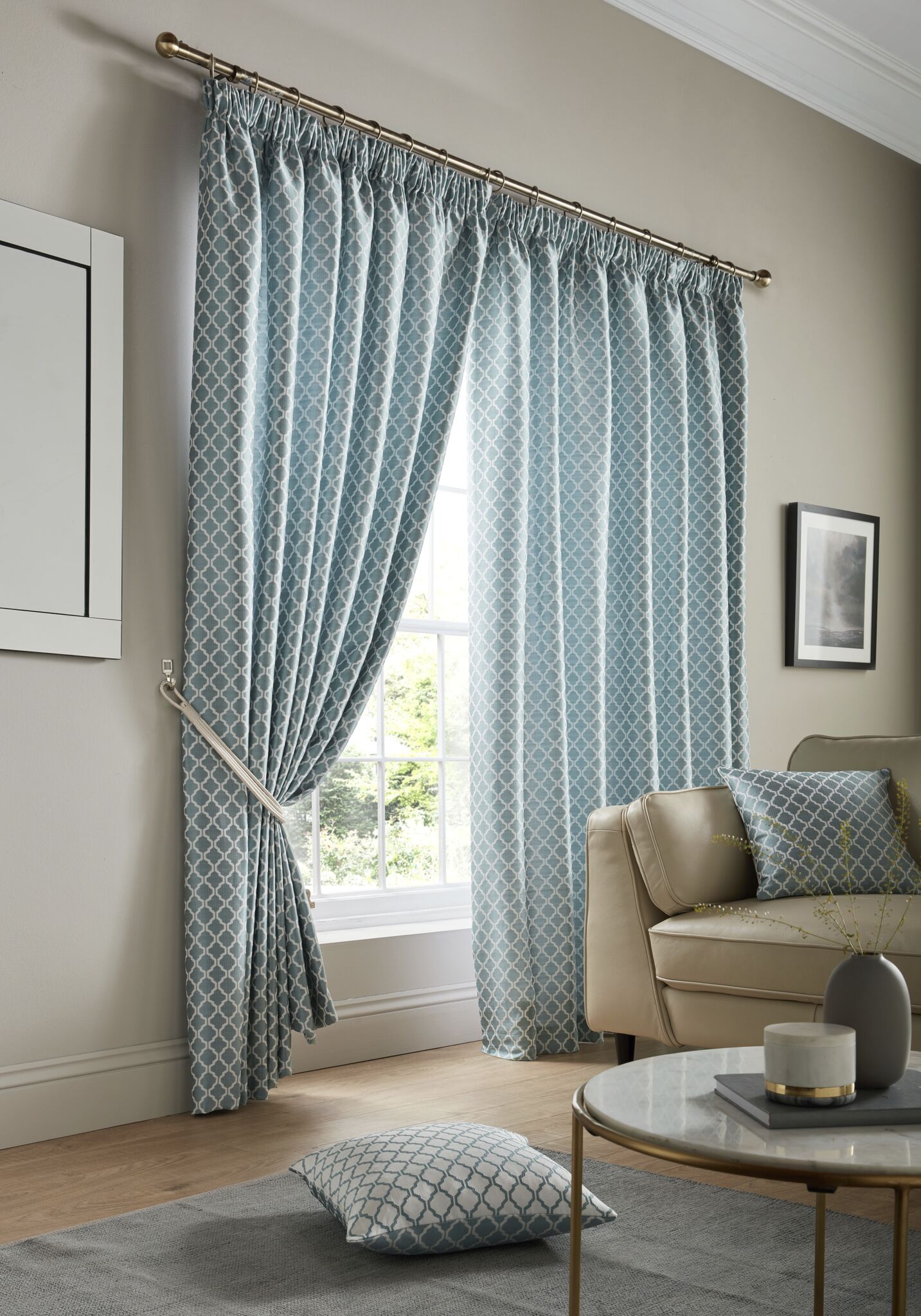 Teal Jacquard Pencil Pleat Curtains