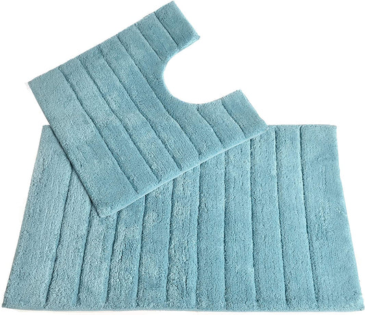 100% Cotton Two Piece Linear Rib Bath and Pedestal Mat in Duck Egg