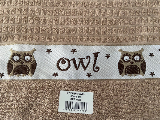 Owl Kitchen Tea Towel in Latte